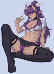 Rule 34 | 1girl, abs, absurdres, artist name, black choker, black skirt, black thighhighs, blue background, bra, breasts, choker, collarbone, commentary, commission, crop top, english commentary, hair between eyes, hair ribbon, highleg, highleg panties, highres, horns, ittla, long hair, looking at viewer, medium breasts, microskirt, midriff, navel, no shoes, oni, original, panties, parted lips, pointy ears, ponytail, purple bra, purple eyes, purple hair, purple panties, ribbon, shirt, short sleeves, side-tie panties, sidelocks, simple background, sitting, skin-covered horns, skirt, smile, solo, spread legs, thighhighs, tied shirt, toned, underwear, v, very long hair, white ribbon