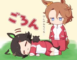 Rule 34 | 2girls, :3, animal, animal ears, black hair, blue eyes, blush stickers, brown hair, chibi, closed eyes, closed mouth, gomashio (goma feet), gym shorts, hair between eyes, hair ornament, hairclip, horse, horse ears, horse girl, horse tail, jacket, jitome, kneehighs, long sleeves, lying, multiple girls, narita taishin (umamusume), on grass, on side, pants, parted bangs, red footwear, red jacket, red pants, red shorts, shoes, shorts, sleeves past wrists, socks, standing, swept bangs, tail, track jacket, track pants, track suit, translation request, umamusume, white socks, winning ticket (racehorse), winning ticket (umamusume)