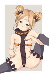 Rule 34 | 1girl, abigail williams (fate), absurdres, alternate costume, artist request, bad id, bad pixiv id, bare arms, bare shoulders, belt, black bow, black thighhighs, blonde hair, blue eyes, blush, bow, breasts, brown belt, commentary request, double bun, fate/grand order, fate (series), gluteal fold, hair bow, hair bun, hat, highres, looking at viewer, orange bow, parted bangs, short hair, sitting, small breasts, solo, spread legs, thighhighs
