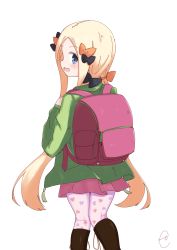 Rule 34 | 1girl, :d, abigail williams (fate), alternate costume, backpack, bad id, bad pixiv id, bag, black bow, blonde hair, blue eyes, blush, boots, bow, brown footwear, commentary request, fate/grand order, fate (series), forehead, green jacket, hair bow, hands up, heart, heart print, highres, holding, jacket, knee boots, kneepits, kujou karasuma, long hair, long sleeves, looking at viewer, looking back, low ponytail, open clothes, open jacket, open mouth, orange bow, pantyhose, parted bangs, pink pantyhose, pleated skirt, polka dot, polka dot bow, ponytail, print pantyhose, profile, red skirt, signature, skirt, smile, solo, very long hair