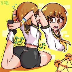 Rule 34 | 1girl, absurdres, ass, breasts, brown eyes, brown hair, butt crack, highres, huge ass, open mouth, persona, persona 4, saliva, satonaka chie, shoes, shorts, socks, solo, tagme