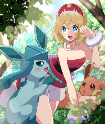 Rule 34 | 1girl, :d, blonde hair, blue eyes, blurry, blush, bracelet, collar, commentary request, creatures (company), day, eyelashes, game freak, gen 4 pokemon, glaceon, grass, hairband, hand up, happy, haru (haruxxe), highres, irida (pokemon), jewelry, light rays, nintendo, open mouth, outdoors, pokemon, pokemon (creature), pokemon legends: arceus, red hairband, red shirt, river, sash, shirt, shorts, smile, strapless, strapless shirt, tongue, tree, water