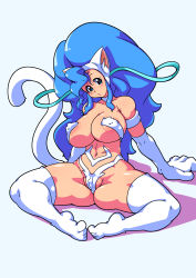 Rule 34 | 1girl, absurdres, animal ears, animal hands, bare shoulders, big hair, blue background, blue eyes, blue hair, blush, breasts, cat ears, cat paws, cat tail, curvy, felicia (vampire), full body, highres, large breasts, legs, long hair, matching hair/eyes, monster girl, navel, parted lips, partially visible vulva, ryoi, simple background, sitting, solo, spread legs, tail, thick thighs, thighs, vampire (game), white legwear