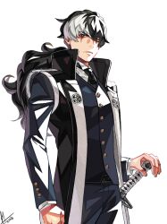 Rule 34 | 1boy, ace attorney, arm at side, black coat, black hair, black jacket, black necktie, black pants, buttons, coat, collared coat, collared shirt, cowboy shot, frown, hand on hilt, high collar, highres, jacket, long hair, long sleeves, looking at viewer, low ponytail, male focus, miz (bannako), multicolored hair, necktie, pants, runny makeup, shirt, simon blackquill, simple background, sleeveless, sleeveless coat, solo, two-tone hair, very long hair, white background, white hair, white shirt