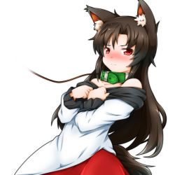 Rule 34 | 1girl, animal ears, bare shoulders, blush, brown hair, collar, dress, fukaiton, imaizumi kagerou, leash, long hair, long sleeves, red eyes, simple background, solo, tail, touhou, white background, wolf ears, wolf tail