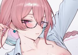 1girl braid collarbone commentary cropped earrings fingernails glasses hair_between_eyes half-closed_eyes jewelry long_hair looking_at_viewer paid_reward_available patreon_username pink_eyes pink_hair portrait qiandaiyiyu shirt sidelocks simple_background solo tsukishiro_yanagi zenless_zone_zero