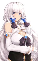 Rule 34 | 1girl, absurdres, alternate costume, arashiki mamizu, azur lane, bare shoulders, blue butterfly, blue eyes, blue gemstone, braid, breasts, bug, butterfly, cleavage, cleavage cutout, clothing cutout, detached sleeves, dress, gem, gloves, gold trim, hair ornament, half gloves, highres, illustrious (azur lane), insect, large breasts, long hair, looking at viewer, simple background, solo, very long hair, white background, white dress, white gloves, white hair