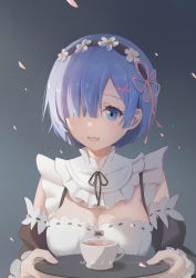 Rule 34 | 1girl, absurdres, artist name, black bow, black ribbon, black sleeves, blue eyes, blue hair, blush, bow, breasts, cleavage, cup, detached sleeves, dress, fang, flower, gradient background, hair flower, hair ornament, hair over one eye, highres, holding, holding tray, long sleeves, looking at viewer, maid, maid headdress, moje (mojie2233), neck ribbon, open mouth, re:zero kara hajimeru isekai seikatsu, rem (re:zero), ribbon, ribbon-trimmed dress, ribbon-trimmed sleeves, ribbon trim, roswaal mansion maid uniform, short hair, smile, solo, teacup, tray, white flower, x hair ornament