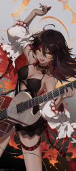 Rule 34 | 1girl, absurdres, alternate costume, arm up, armpits, artist name, bare shoulders, black choker, black dress, black nails, blush, breasts, brown hair, choker, cleavage, clothing cutout, dark-skinned female, dark skin, dated, detached sleeves, dress, electric guitar, genshin impact, guitar, hair between eyes, hair down, halterneck, headphones, headphones around neck, highres, holding, holding instrument, holding plectrum, instrument, long hair, looking at viewer, medium breasts, multicolored hair, nail polish, open mouth, pleated dress, plectrum, red hair, rope, short dress, smile, solo, swkl:d, tassel, teeth, thigh strap, thighs, upper teeth only, white sleeves, xinyan (genshin impact), yellow eyes