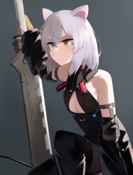 Rule 34 | 1girl, absurdres, animal ear fluff, arknights, bare shoulders, black dress, black footwear, black thighhighs, boots, brown eyes, cleavage cutout, closed mouth, clothing cutout, detached sleeves, dress, flat chest, grey background, grey hair, highres, hinami047, holding, holding sword, holding weapon, long sleeves, scavenger (arknights), short hair, simple background, solo, sword, thigh boots, thighhighs, v-shaped eyebrows, weapon