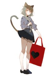 Rule 34 | 1girl, absurdres, animal ears, arm at side, arutera, bag, black footwear, black ribbon, black skirt, braid, breasts, cat ears, cat girl, cat tail, closed mouth, clothes writing, commentary request, full body, grey eyes, grey hair, grey shirt, hair between eyes, hair ornament, hair ribbon, hand up, heart, heart print, highres, holding, holding bag, holding hair, loafers, long hair, long sleeves, looking at viewer, miniskirt, original, ribbon, shirt, shoes, simple background, single braid, skirt, small breasts, solo, standing, tail, white background