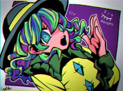Rule 34 | 1girl, aqua eyes, artist name, chromatic aberration, collared shirt, frilled shirt collar, frilled sleeves, frills, green hair, komeiji koishi, leaf st, long sleeves, looking at viewer, open mouth, shirt, solo, teeth, touhou, upper teeth only, wavy hair, wide sleeves, yellow shirt