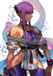 Rule 34 | 1girl, bare shoulders, blue eyes, blue leotard, blunt bangs, breasts, capcom, clothing cutout, cowboy shot, dougi, expressionless, hungry clicker, leotard, looking to the side, manon legrand, martial arts belt, medium breasts, pink hair, short hair with long locks, solo, street fighter, street fighter 6, white background