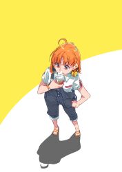Rule 34 | 1girl, absurdres, ahoge, blue overalls, blush, bow, braid, commentary request, eating, food, full body, hair bow, highres, ice cream, kashikaze, love live!, love live! sunshine!!, making-of available, medium hair, orange hair, overalls, red eyes, shadow, shirt, short sleeves, side braid, simple background, solo, takami chika, tongue, tongue out, two-tone background, white background, white shirt, yellow background, yellow bow