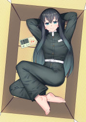 Rule 34 | 1boy, absurdres, arms behind head, barcode, barefoot, belt, black hair, blue eyes, box, feet, highres, in box, in container, long hair, looking at viewer, lying, smile, solo, toes, tokitou muichirou, trap, uniform