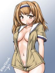 Rule 34 | 10s, 1girl, arms behind back, blush, breasts, brown eyes, cleavage, coat, collarbone, dated, embarrassed, eyebrows, gradient background, hairband, i-26 (kancolle), kantai collection, large breasts, light brown hair, long hair, looking away, naked coat, navel, open mouth, sailor collar, short sleeves, solo, tatsumi ray, twitter username, two-tone hairband, two side up, wavy mouth