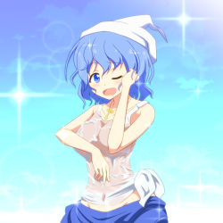 Rule 34 | 1girl, ;d, blue eyes, blue hair, blush, breasts, cato (monocatienus), contemporary, female focus, gradient background, hat, jewelry, large breasts, letty whiterock, matching hair/eyes, navel, necklace, one eye closed, open mouth, short hair, smile, solo, sparkle, suggestive fluid, tank top, tareme, touhou, wavy hair, wet, wet clothes
