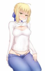 Rule 34 | 1girl, ahoge, alternate costume, artoria pendragon (all), artoria pendragon (fate), bad id, bad twitter id, bikini jeans, blush, breasts, cleavage cutout, clothing cutout, denim, fate/stay night, fate (series), full-face blush, green eyes, highres, jeans, jewelry, lowleg, lowleg pants, medium breasts, meme attire, necklace, open-chest sweater, pants, ribbed sweater, saber (fate), short hair, sidelocks, simple background, solo, sweater, thong, turtleneck, white background, yaman (yamanta lov)
