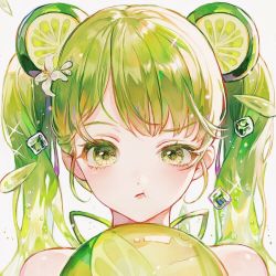 Rule 34 | 1girl, ball, bare shoulders, beachball, bikini, cookie run, flower, food, fruit, green bikini, green eyes, green hair, hair flower, hair ornament, ice, ice cube, lime (fruit), lime cookie, lime slice, long hair, looking at viewer, maccha (mochancc), personification, portrait, simple background, solo, sparkle, swimsuit, transparent, twintails, white background, white flower
