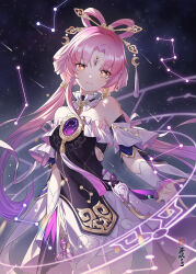 Rule 34 | 1girl, bare shoulders, bow-shaped hair, cloud print, constellation, constellation print, crescent, detached sleeves, forehead jewel, fu xuan (honkai: star rail), hair ornament, highres, honkai: star rail, honkai (series), looking at viewer, low twintails, mimiz, pink hair, smile, solo, tassel, twintails, yellow eyes