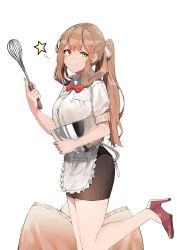 Rule 34 | 1girl, apron, bad id, bad twitter id, blush, bow, bowl, bowtie, breasts, brown hair, collared shirt, commentary, commentary request, cream, eyebrows, girls&#039; frontline, green eyes, hair between eyes, hair ribbon, highres, holding, holding bowl, holding whisk, ihobus, long hair, looking at viewer, medium breasts, ponytail, ribbon, shirt, sidelocks, skirt, sleeves rolled up, smile, solo, springfield (girls&#039; frontline), star (symbol), tsurime, waist apron, whisk