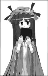 Rule 34 | 1girl, blush, book, covering own mouth, dress, expressionless, female focus, frills, greyscale, hat, head tilt, hikami shou, holding, holding book, jitome, looking at viewer, mob cap, monochrome, patchouli knowledge, simple background, solo, touhou, white background