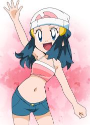 Rule 34 | 1girl, beanie, blue eyes, blue hair, breasts, creatures (company), dawn (pokemon), denim, game freak, hainchu, hair ornament, hat, jeans, long hair, looking at viewer, midriff, navel, nintendo, open mouth, pants, pokemon, pokemon (anime), pokemon dppt (anime), simple background, smile, solo