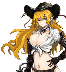 Rule 34 | 1girl, breasts, cleavage, cowboy hat, elf, front-tie top, gloves, hat, kara (color), lowres, midriff, one eye closed, pointy ears, shirt, solo, tied shirt, undersized clothes, cowboy western, wink