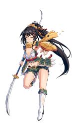 Rule 34 | 1girl, armor, armpits, black hair, blush, boots, breastplate, breasts, broken spear, coin hair ornament, closed eyes, full body, green shorts, hair ornament, hairpin, high heel boots, high heels, holding, holding polearm, holding spear, holding weapon, iwabitsu (oshiro project), kekemotsu, long hair, midriff, navel, official art, orange scarf, oshiro project:re, oshiro project:re, polearm, ponytail, scarf, short shorts, shorts, sleeveless, small breasts, solo, spear, tearing up, torn boots, torn clothes, torn scarf, torn shorts, transparent background, very long hair, weapon, white footwear, white legwear