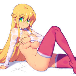 Rule 34 | 1girl, arm support, blonde hair, bottomless, breasts, collar, covering privates, covering breasts, covering nipples, curly hair, green eyes, large breasts, leaning back, long hair, long sleeves, metata, navel, oekaki, on floor, open clothes, original, red thighhighs, sidelocks, simple background, smile, solo, thighhighs, thighs, wet, wet clothes, white background