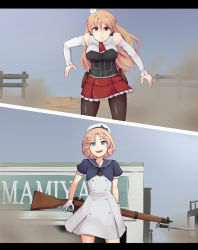 Rule 34 | 2girls, bare shoulders, bayonet, black neckwear, black shirt, blonde hair, blue eyes, blue sailor collar, bolt action, braid, brown eyes, brown legwear, commentary request, detached sleeves, dress, faceoff, firearm request, french braid, gloves, gun, hat, highres, janus (kancolle), kantai collection, lee-enfield, long hair, looking at viewer, mini hat, miniskirt, multiple girls, name connection, nikku (nzaf5832), open mouth, pantyhose, parody, parted bangs, red skirt, rifle, sailor collar, sailor dress, sailor hat, shirt, short hair, short sleeves, skirt, split theme, wavy hair, weapon, white dress, white gloves, white headwear, white shirt, wild arms, zara (kancolle)