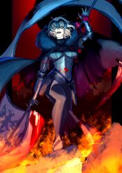 Rule 34 | 1girl, armor, armored dress, banner, blood, blood on face, fate/grand order, fate (series), fire, flag, full body, gauntlets, headpiece, highres, jeanne d&#039;arc alter (avenger) (fate), jeanne d&#039;arc alter (fate), looking at viewer, mizuna237, plackart, short hair, solo, standard bearer, white hair, yellow eyes