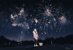 Rule 34 | 1boy, artist name, coat, dog, fireworks, full body, fur-trimmed coat, fur trim, glasses, grass, hair between eyes, highres, holding, holding leash, illumi999, leash, looking at viewer, male focus, night, night sky, original, outdoors, shadow, short hair, sky, smile, solo, standing, star (sky), tree