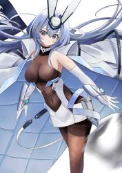 Rule 34 | 1girl, :3, armpit crease, azur lane, bare shoulders, blue eyes, blue hair, bodystocking, breasts, center opening, closed mouth, coat, coat on shoulders, commentary, covered collarbone, covered navel, cowboy shot, dress, elbow gloves, gloves, hair between eyes, hair intakes, headgear, highres, large breasts, long hair, looking at viewer, manjirou (manji illust), new jersey (azur lane), pantyhose, sidelocks, simple background, sleeveless, smile, solo, standing, thighband pantyhose, vambraces, white background, white coat, white dress, white gloves
