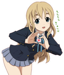 Rule 34 | 00s, 1girl, bad id, bad pixiv id, bare legs, blonde hair, blue eyes, buttoned cuffs, buttons, doraemono, heart, heart hands, k-on!, kotobuki tsumugi, leaning forward, looking at viewer, miniskirt, moe moe kyun!, pleated skirt, school uniform, simple background, skirt, solo, thighs, white background