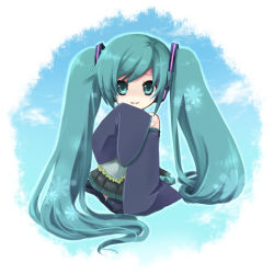 Rule 34 | 1girl, detached sleeves, female focus, full body, green eyes, green hair, hatsune miku, long hair, matching hair/eyes, outdoors, sky, sleeves past wrists, solo, thighhighs, twintails, very long hair, vocaloid, yuh