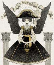 Rule 34 | 1girl, bicorne, black dress, black hat, black wings, bob cut, buttons, dress, eleanor (ohmyeleanor), epaulettes, expressionless, feathered wings, french commentary, grey hair, hat, highres, long dress, looking at viewer, original, pale skin, pillar, scroll, short hair, simple background, standing, star (symbol), sword, victorian, weapon, white background, white sleeves, wings, yellow eyes, yellow trim
