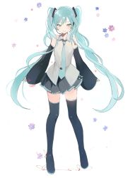 Rule 34 | 1girl, black footwear, black sleeves, black thighhighs, blue eyes, blue hair, blue necktie, blush, boots, collared shirt, commentary, detached sleeves, english commentary, floral background, full body, grey skirt, hair ornament, hatsune miku, headphones, headset, long hair, long sleeves, looking at viewer, lpip, necktie, parted lips, pleated skirt, shirt, signature, simple background, skirt, sleeveless, sleeveless shirt, sleeves past wrists, smile, solo, standing, thigh boots, thighhighs, tie clip, twintails, very long hair, vocaloid, white background, white shirt, wide sleeves