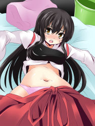 Rule 34 | 10s, 1girl, akagi (kancolle), black hair, blush, brown eyes, clothes lift, clothes pull, ichimi, juliet sleeves, kantai collection, long hair, long sleeves, looking at viewer, lying, midriff, muneate, navel, on back, open mouth, panties, personification, pillow, pink panties, puffy sleeves, shirt lift, skirt, skirt pull, solo, sweat, underwear, very long hair, yellow eyes