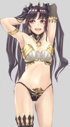 Rule 34 | 1girl, :d, adjusting hair, armlet, armpits, arms up, bare arms, bare legs, bare shoulders, black gloves, black hair, black panties, black ribbon, black thighhighs, breasts, collar, crown, earrings, elbow gloves, fate/grand order, fate (series), female focus, gloves, grey background, hair ribbon, hoop earrings, ishtar (fate), jewelry, legs, long hair, looking to the side, michihasu, midriff, naughty face, neck ring, open mouth, panties, red eyes, revealing clothes, ribbon, round teeth, simple background, single elbow glove, single glove, single thighhigh, small breasts, smile, solo, standing, strapless, teeth, thighhighs, thighlet, tohsaka rin, two side up, type-moon, underwear