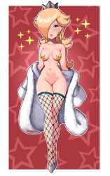 Rule 34 | 1girl, absurdres, blonde hair, blue eyes, border, breasts, coat, crown, eyelashes, fishnet thighhighs, fishnets, full body, fur coat, hair over one eye, highres, looking at viewer, maebari, mario (series), medium breasts, mini crown, nintendo, off shoulder, parted lips, pasties, rosalina, sarukaiwolf, solo, star (symbol), star pasties, starry background, super mario galaxy, super star (mario), thighhighs, white border