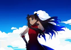 Rule 34 | 1girl, adjusting hair, alternate costume, aqua eyes, black hair, black ribbon, closed mouth, cloud, cloudy sky, commentary, dress, fate/stay night, fate (series), female focus, floating hair, hair ribbon, hand on own hip, hand up, long dress, long hair, parted bangs, red dress, ribbon, see-through, see-through sleeves, sky, solo, standing, tohsaka rin, transparent sleeves, two side up, type-moon, v-neck, wind, yaoshi jun