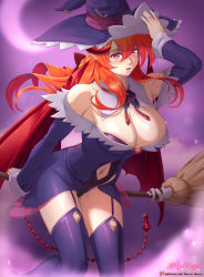 Rule 34 | 1girl, :d, absurdres, bare shoulders, blush, bow, breasts, broom, cleavage, demon girl, demon tail, demon wings, detached sleeves, halloween, hat, highres, horns, large breasts, long hair, looking at viewer, navel, open mouth, original, red eyes, red hair, simple background, smile, solo, tail, thighhighs, vilde loh hocen, wings, witch, witch hat