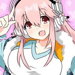 1girl bad_id bad_pixiv_id blush breasts female_focus hand_on_forehead headphones highres large_breasts long_hair looking_at_viewer nitroplus open_mouth pink_hair red_eyes shimizu smile solo super_sonico