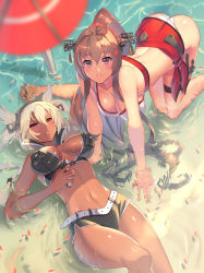 Rule 34 | 10s, 2girls, all fours, ass, belt, bikini, blush, breasts, brown eyes, brown hair, cleavage, dark skin, dark-skinned female, hanging breasts, kantai collection, large breasts, long hair, looking at viewer, lying, multiple girls, musashi (kancolle), navel, on back, parted lips, partially submerged, ponytail, red eyes, sarong, smile, swimsuit, umbrella, water, white hair, yamato (kancolle), yoshimoto (dear life)