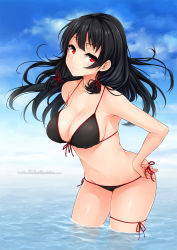 Rule 34 | 1girl, bikini, black bikini, black hair, breasts, cleavage, closed mouth, commentary request, contrapposto, cowboy shot, day, front-tie bikini top, front-tie top, hair ribbon, hand on own hip, harino646, highres, historical name connection, horizon, isokaze (kancolle), kantai collection, large breasts, leaning forward, leg ribbon, light smile, long hair, name connection, outdoors, red eyes, ribbon, side-tie bikini bottom, solo, strap gap, string bikini, swimsuit, thigh ribbon, wading
