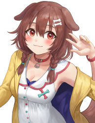 Rule 34 | 1girl, animal ears, blush, bone hair ornament, braid, breasts, brown eyes, brown hair, buttons, cleavage, dog ears, dog girl, dog tail, dress, hair between eyes, hair ornament, hairclip, highres, hololive, inugami korone, inugami korone (1st costume), jacket, long hair, long sleeves, looking at viewer, low twin braids, medium breasts, nhaliz, open clothes, open jacket, simple background, smile, solo, tail, twin braids, virtual youtuber, white background, white dress, yellow jacket