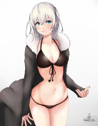 Rule 34 | 1girl, aqua eyes, bikini, black bikini, black coat, blush, breasts, cleavage, coat, collarbone, cowboy shot, front-tie bikini top, front-tie top, fur collar, gradient background, groin, hair between eyes, halterneck, highres, long hair, long sleeves, looking at viewer, medium breasts, navel, open clothes, open coat, original, sidelocks, signature, silver hair, sleeves past wrists, smile, solo, standing, stomach, suzume (simple0091), swimsuit, thigh gap, two side up, white background