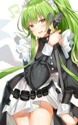 Rule 34 | 1girl, absurdres, belt, black shirt, blush, breasts, brown eyes, buttons, collared shirt, ginn (hzh770121), girls&#039; frontline, green hair, hair between eyes, hair ornament, headdress, highres, holding, holding microphone, long hair, long sleeves, looking at viewer, m950a (girls&#039; frontline), m950a (home ec training) (girls&#039; frontline), microphone, miniskirt, musical note, official alternate costume, parted lips, pleated skirt, ponytail, puffy sleeves, round teeth, shirt, simple background, skirt, smile, solo, standing, teeth, very long hair, white background, white shirt
