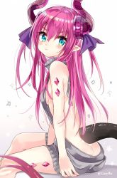 Rule 34 | 10s, 1girl, ass, backless outfit, bad id, bad twitter id, bare back, blue eyes, blush, butt crack, dragon tail, elizabeth bathory (fate), elizabeth bathory (fate/extra ccc), fate/extra, fate/extra ccc, fate/grand order, fate (series), horns, long hair, looking at viewer, meme attire, pink hair, pointy ears, shijima (sjmr02), solo, tail, virgin killer sweater